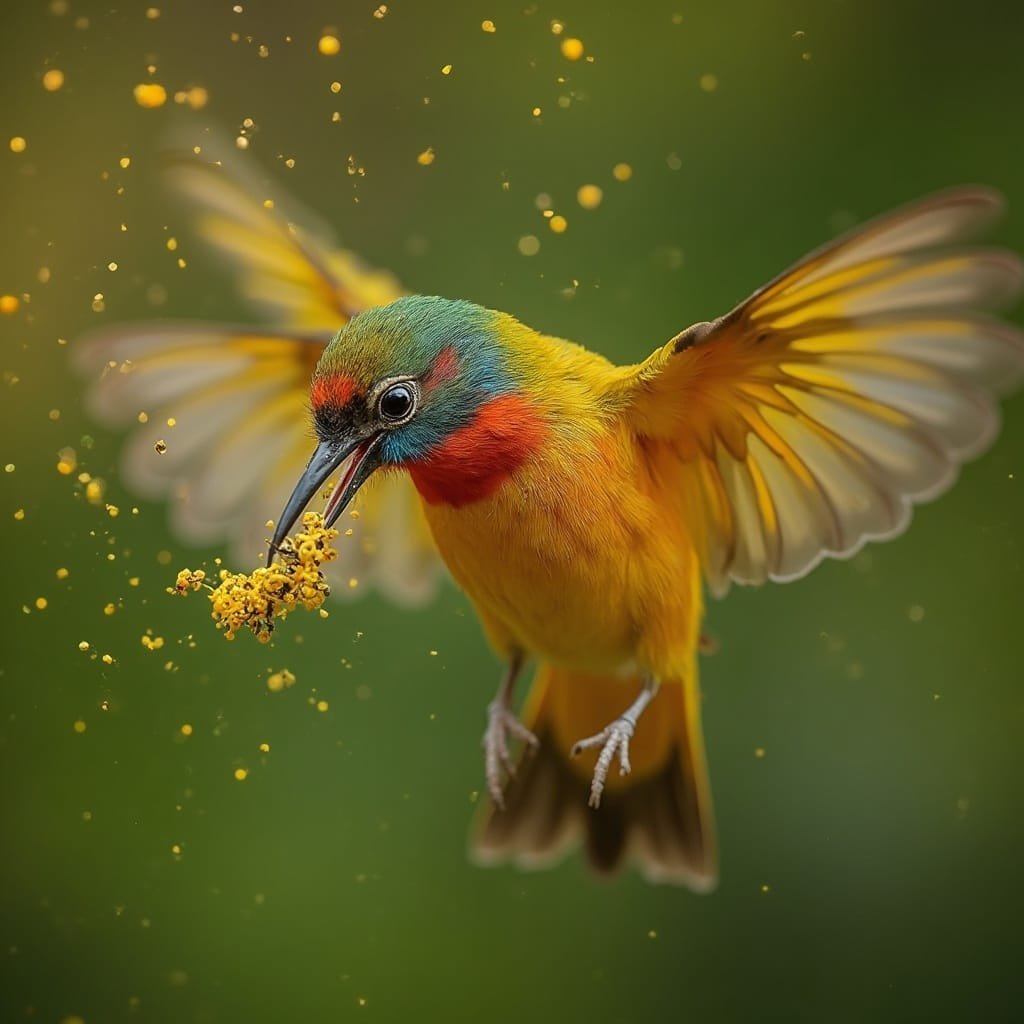 Bird Pollinating Flowers by Collecting Pollen