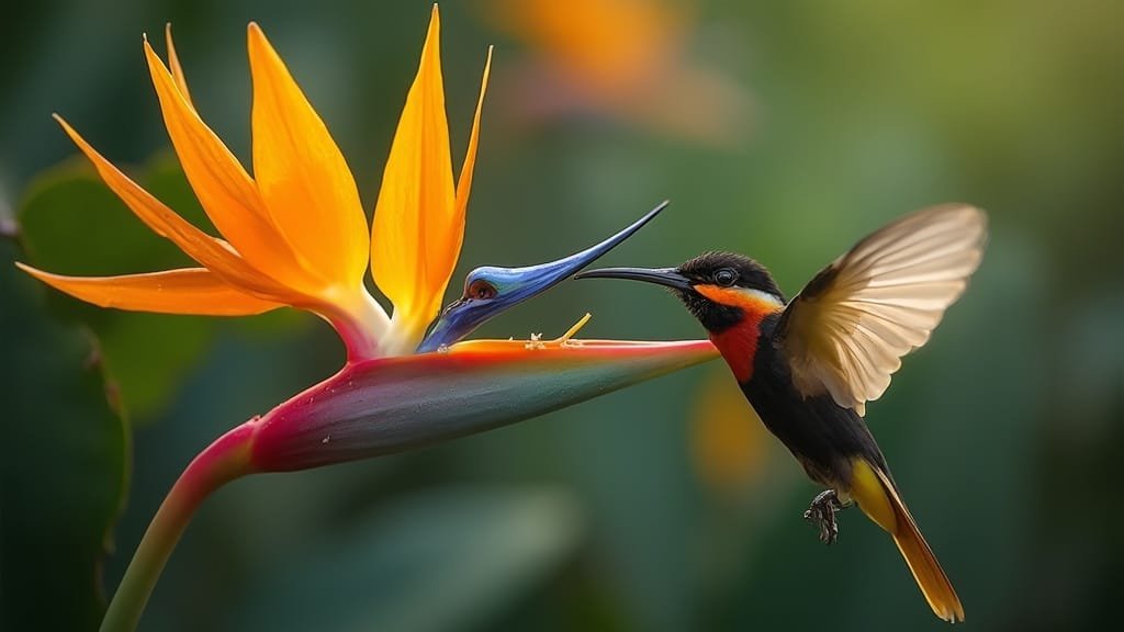 Bird of Paradise Flower being Pollinated by a Sunbird